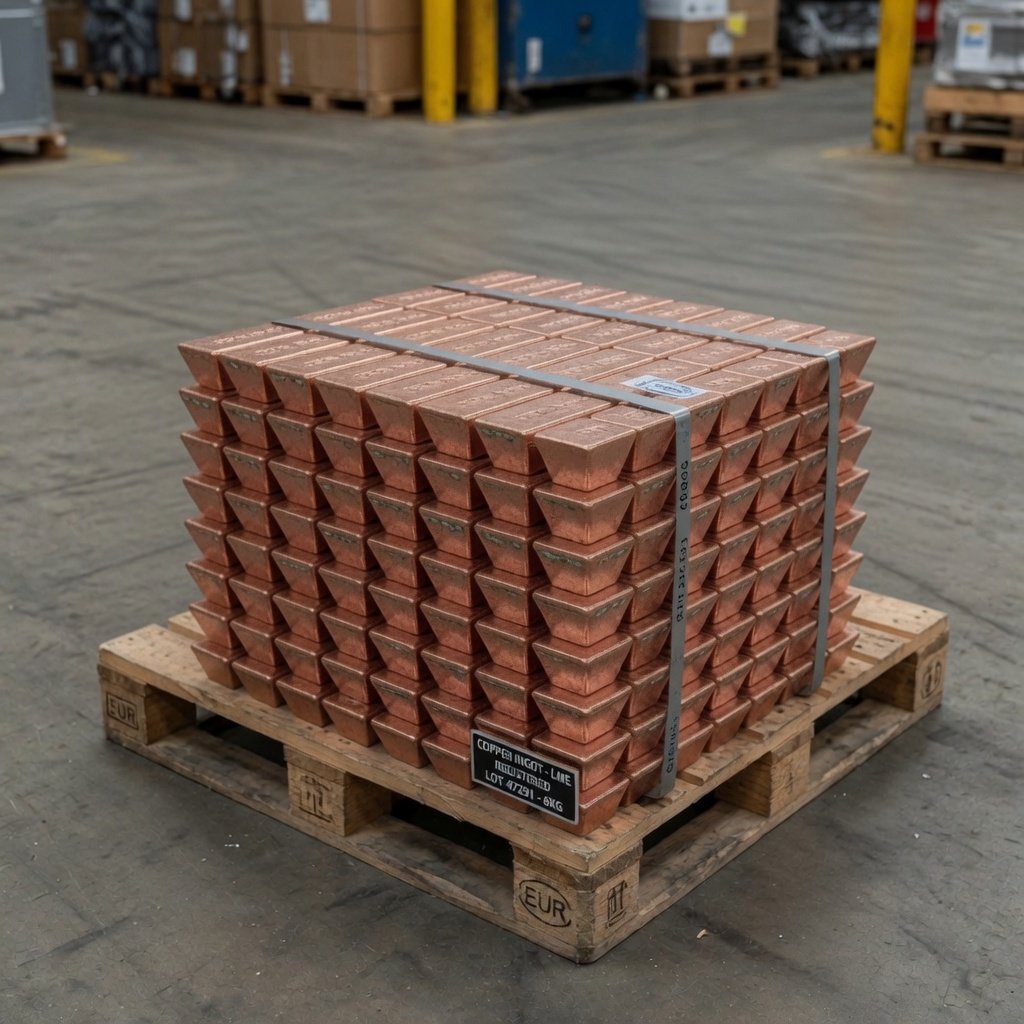 Copper ingot bars — 99.9%+ pure cast copper bars, palletised and banded for foundries and manufacturers
