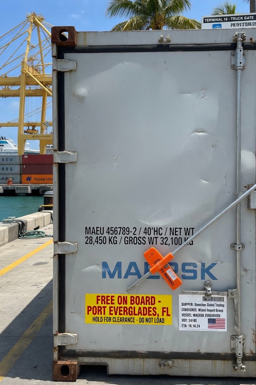 Maersk shipping container loaded at Port Everglades, Florida — FOB export ready